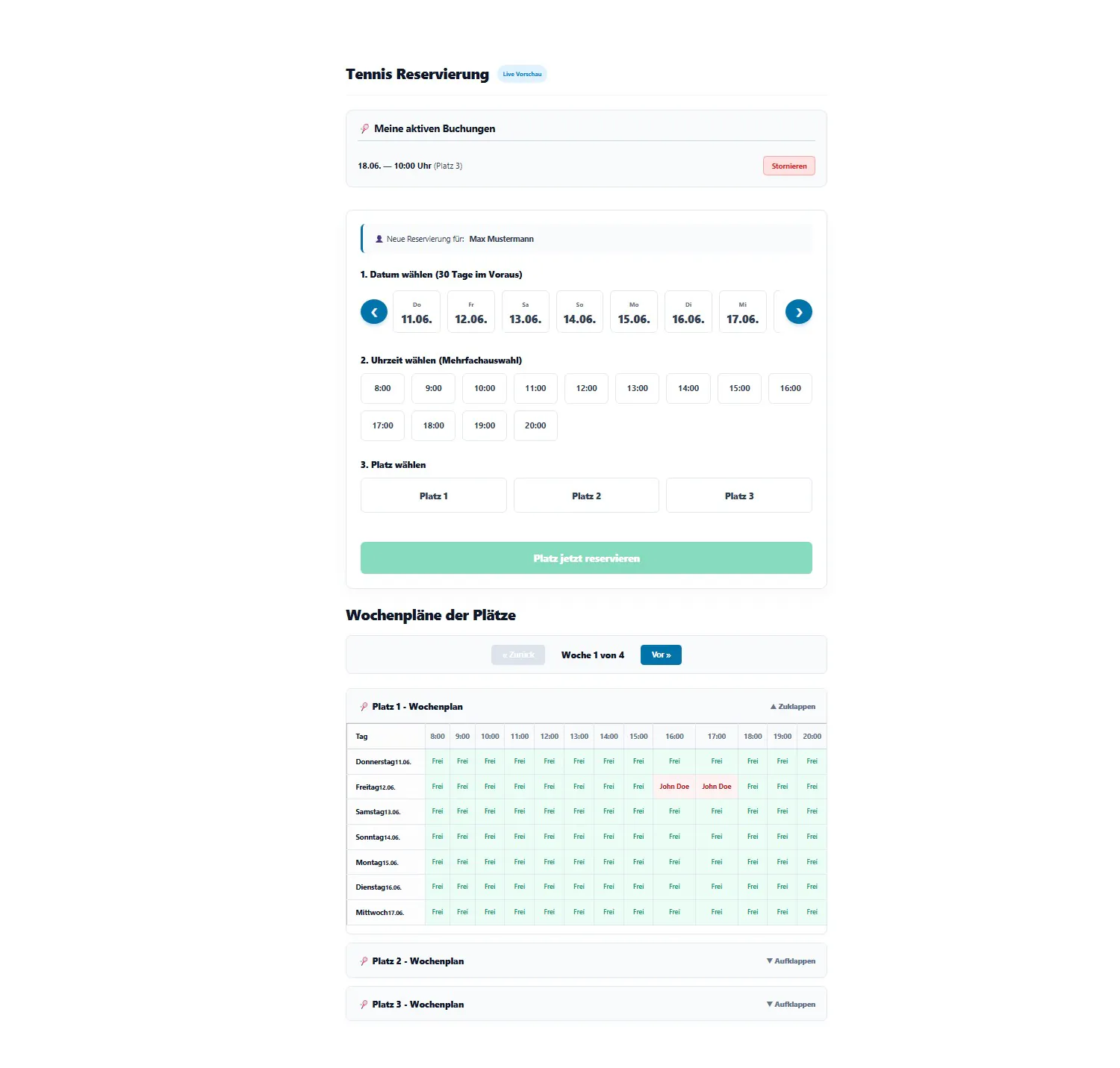 Wordpress Elementor Tennis Buchungskalender